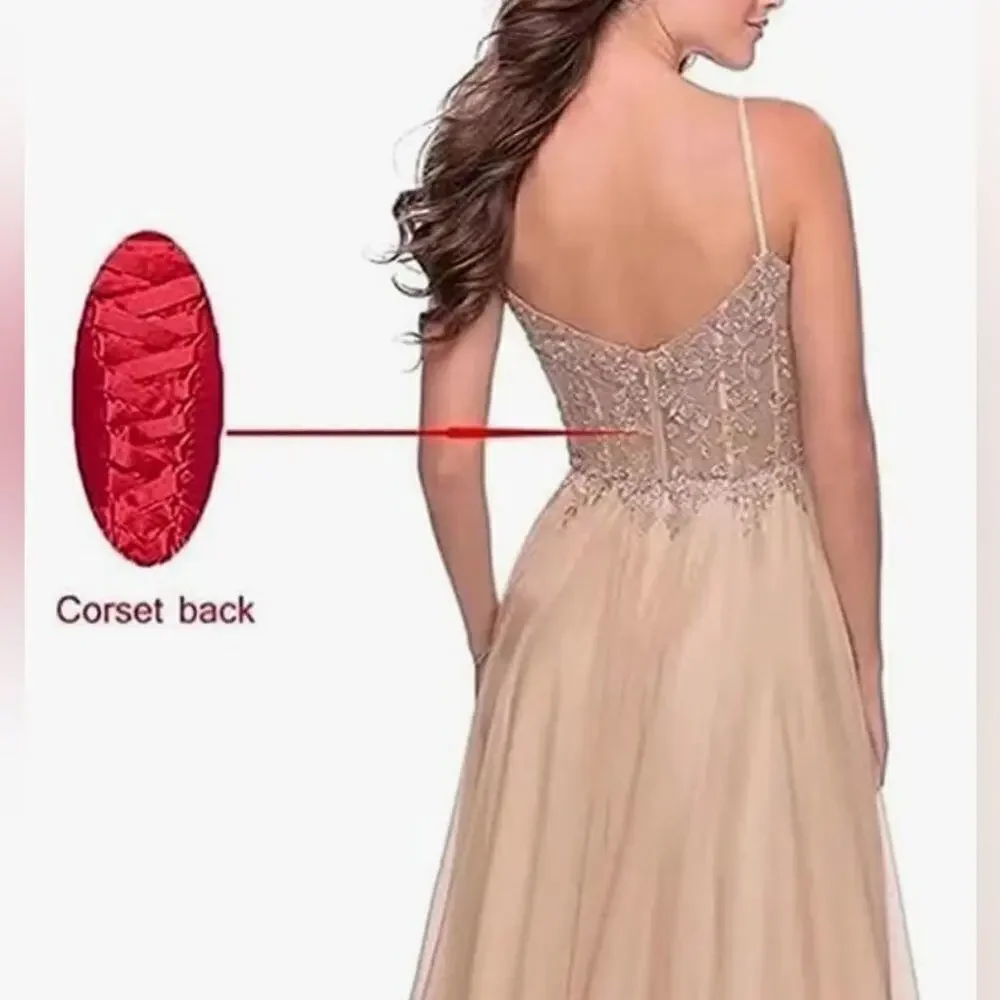 NWOT, Women's Lace Appliques Long V Neck Slit Formal Party Evening Dress, Size 2 - Picture 4 of 5